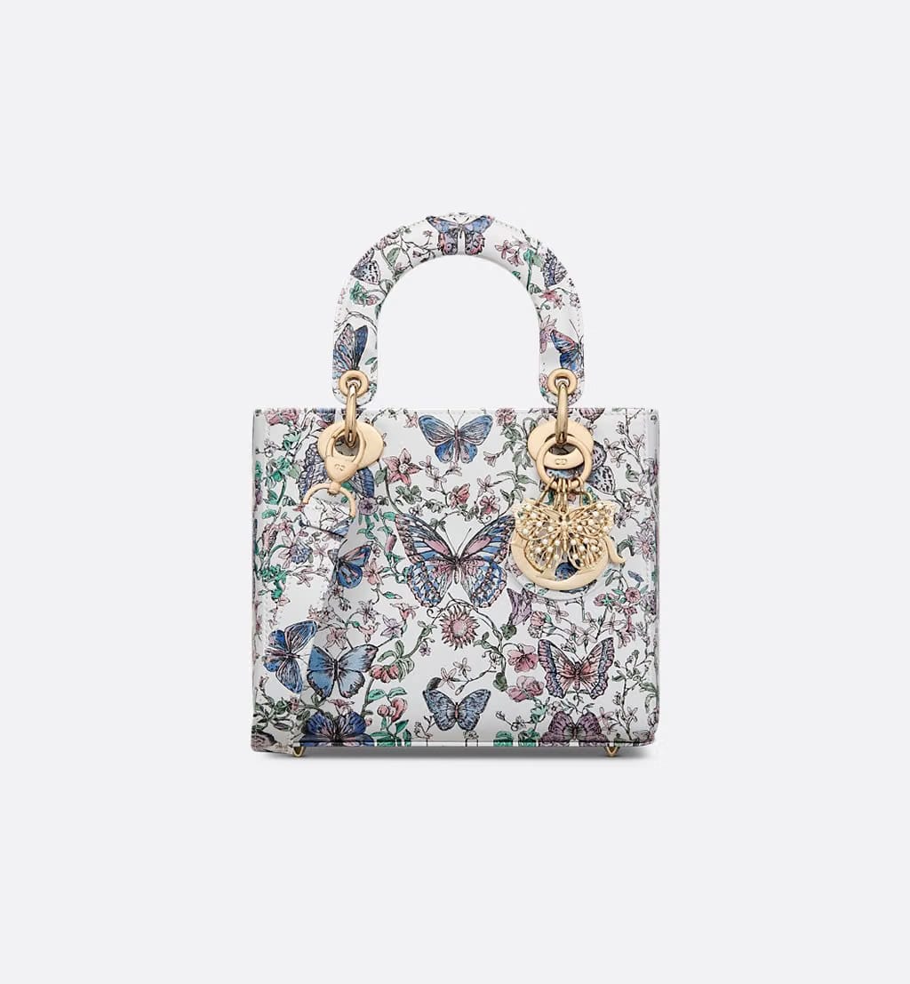 Lady Dior Bag Small White Calfskin with Blue Toile de Jouy Papillon Print