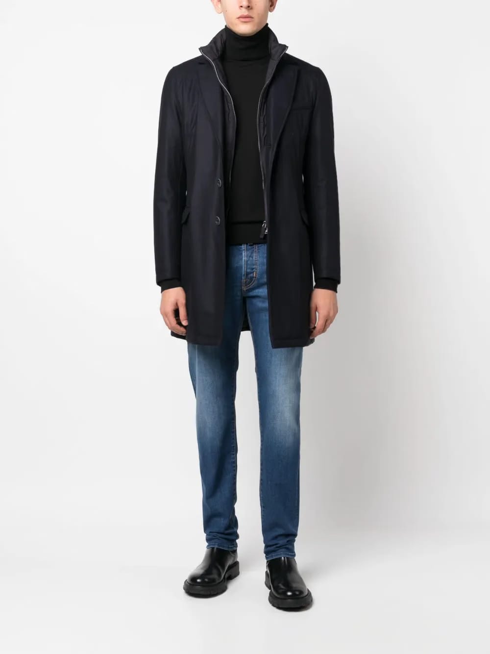 hybrid high-neck single-breasted coat