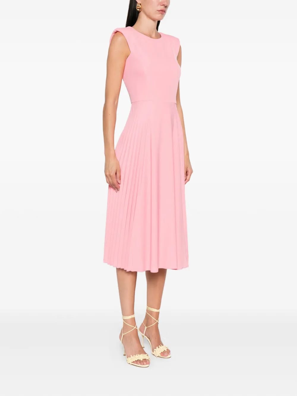 pleated sleeveless midi dress