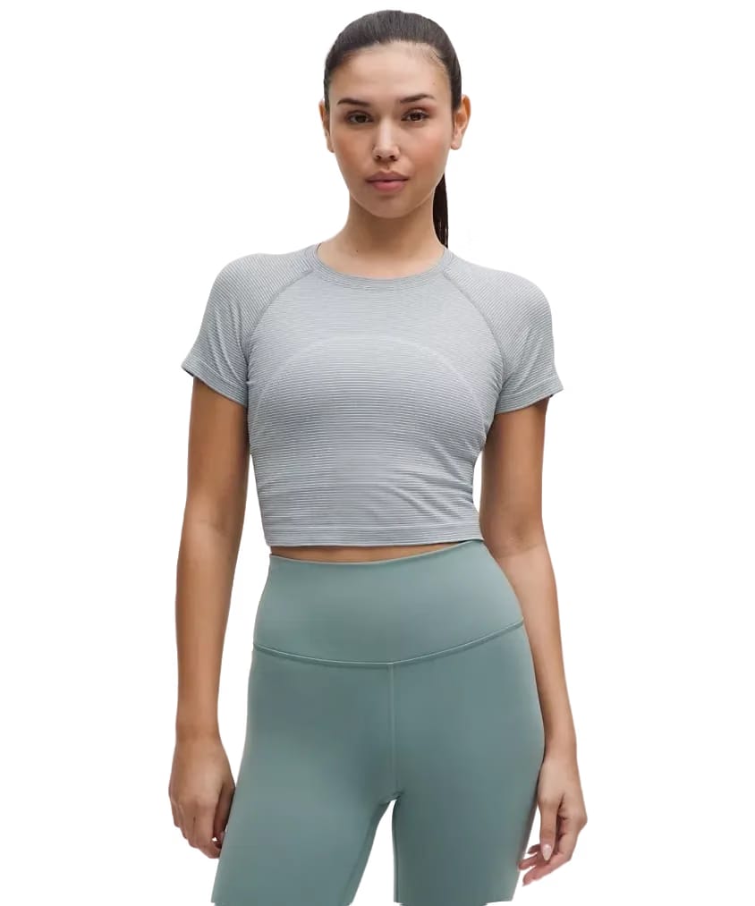 Lululemon Swiftly Tech Cropped Shorts-Sleeve Shirt 2.0 Spandex Stripe White/Grey Oasis