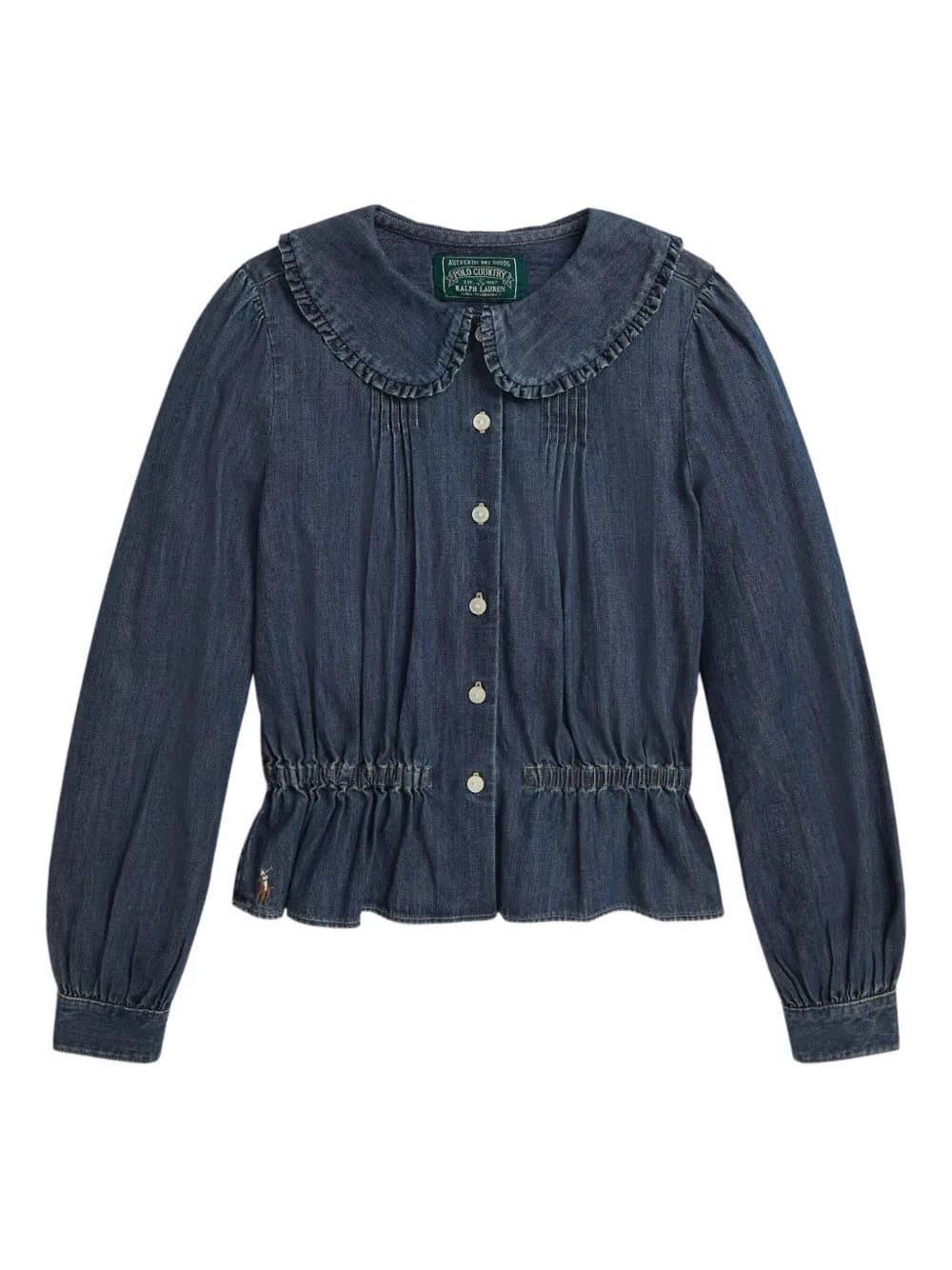 ruffled-collar denim blouse