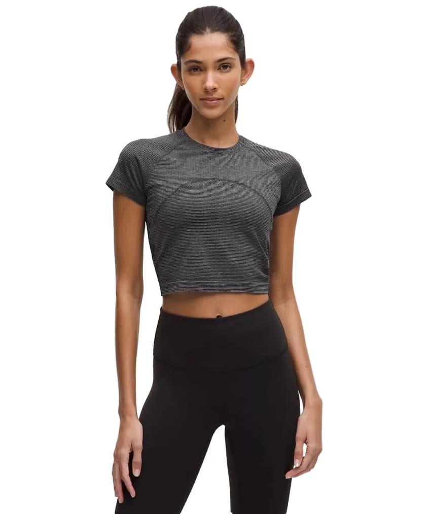 Lululemon Swiftly Tech Cropped Shorts-Sleeve Shirt 2.0 Spandex Stripe Black/White