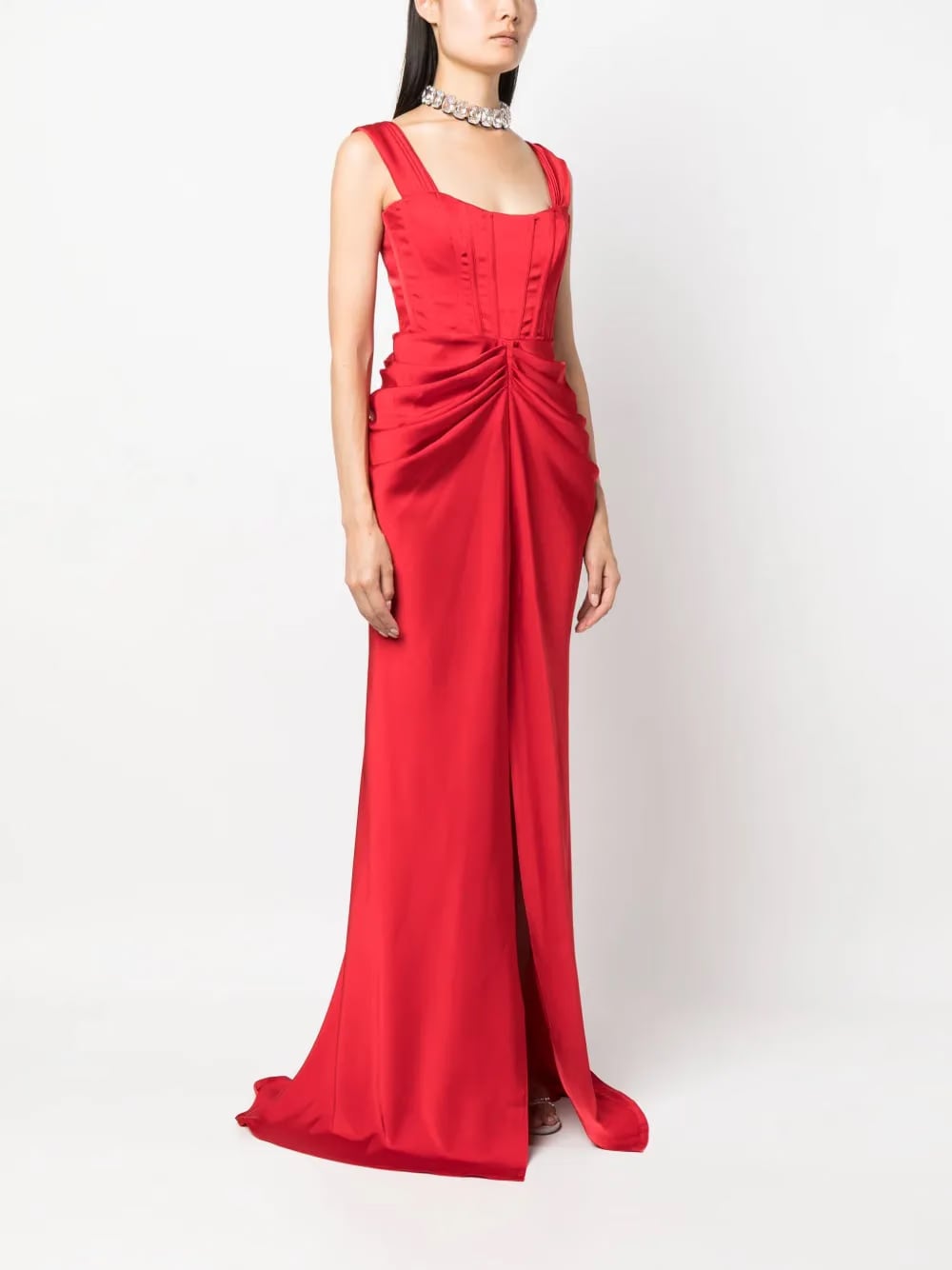 ruched flared gown