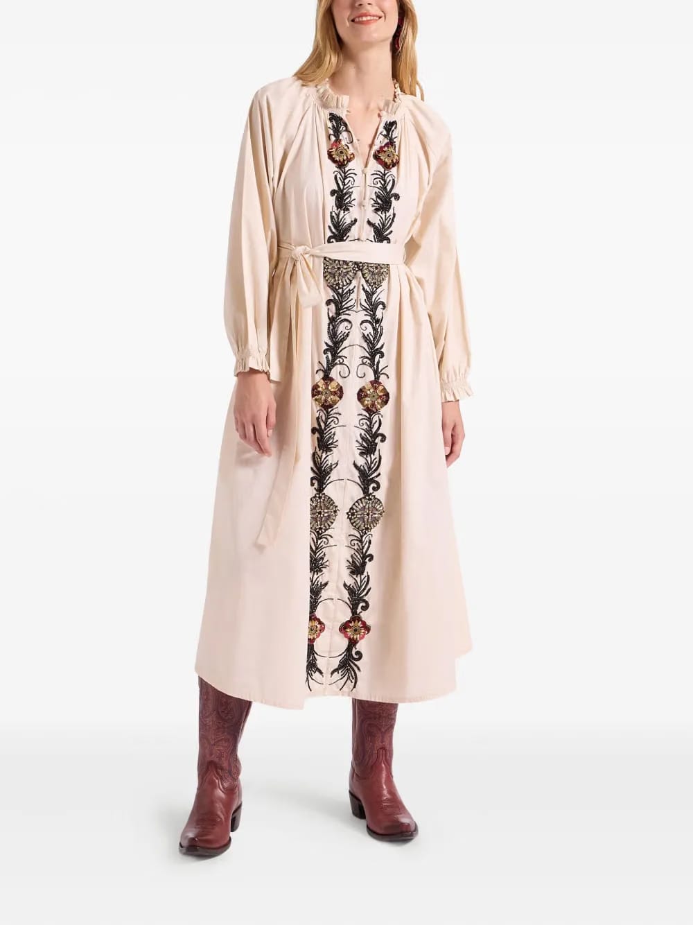 embroidered ruffle-trimmed dress
