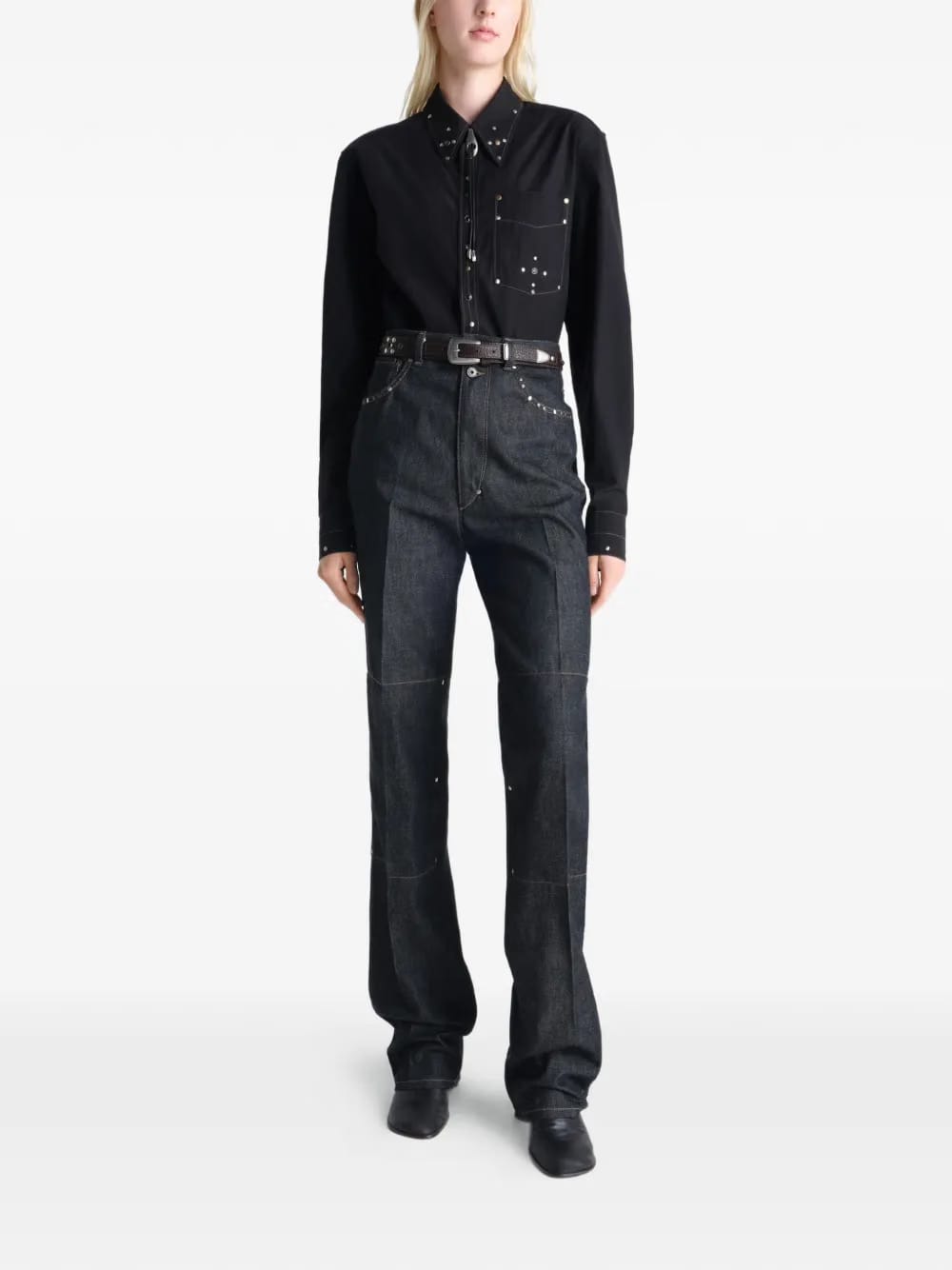 high-waisted studded straight trousers