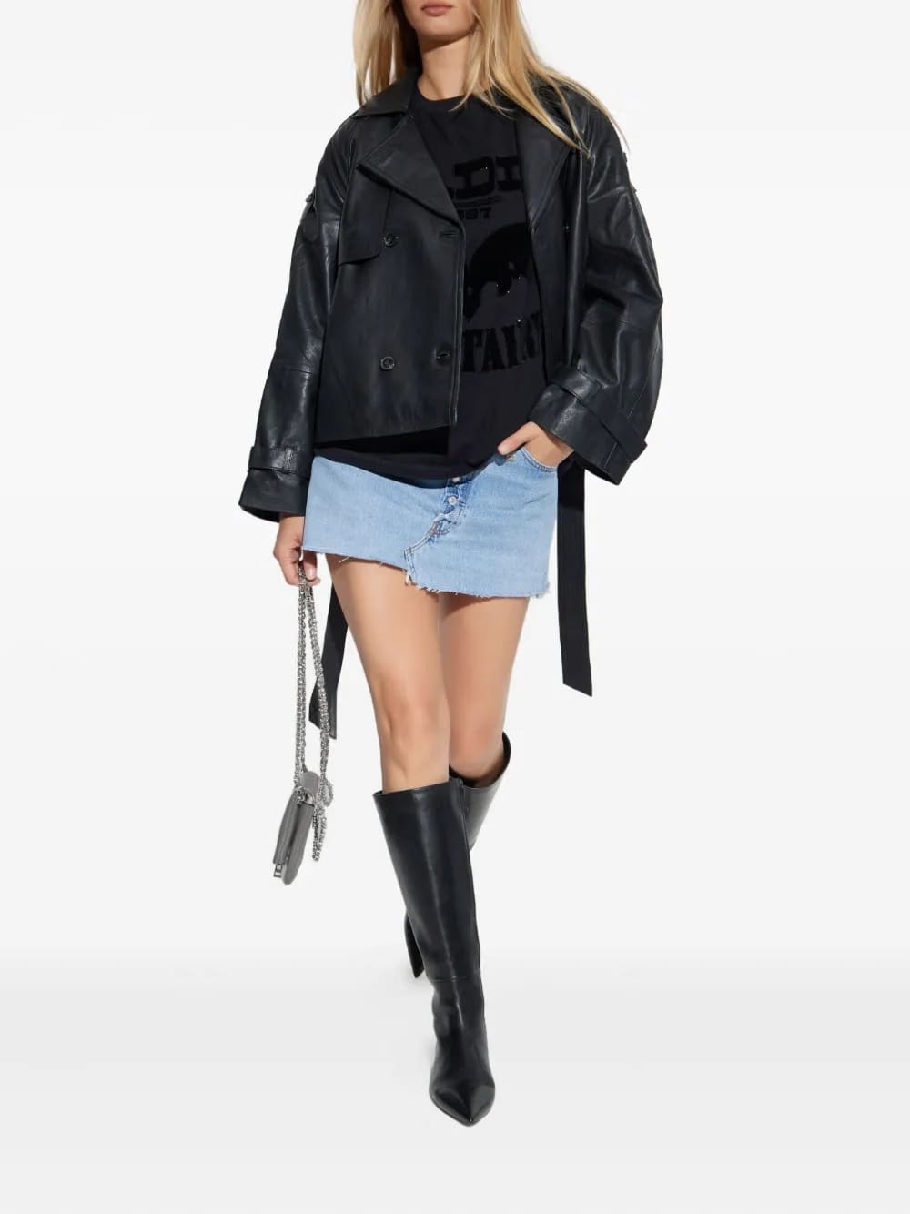 button-fastening frayed denim skirt