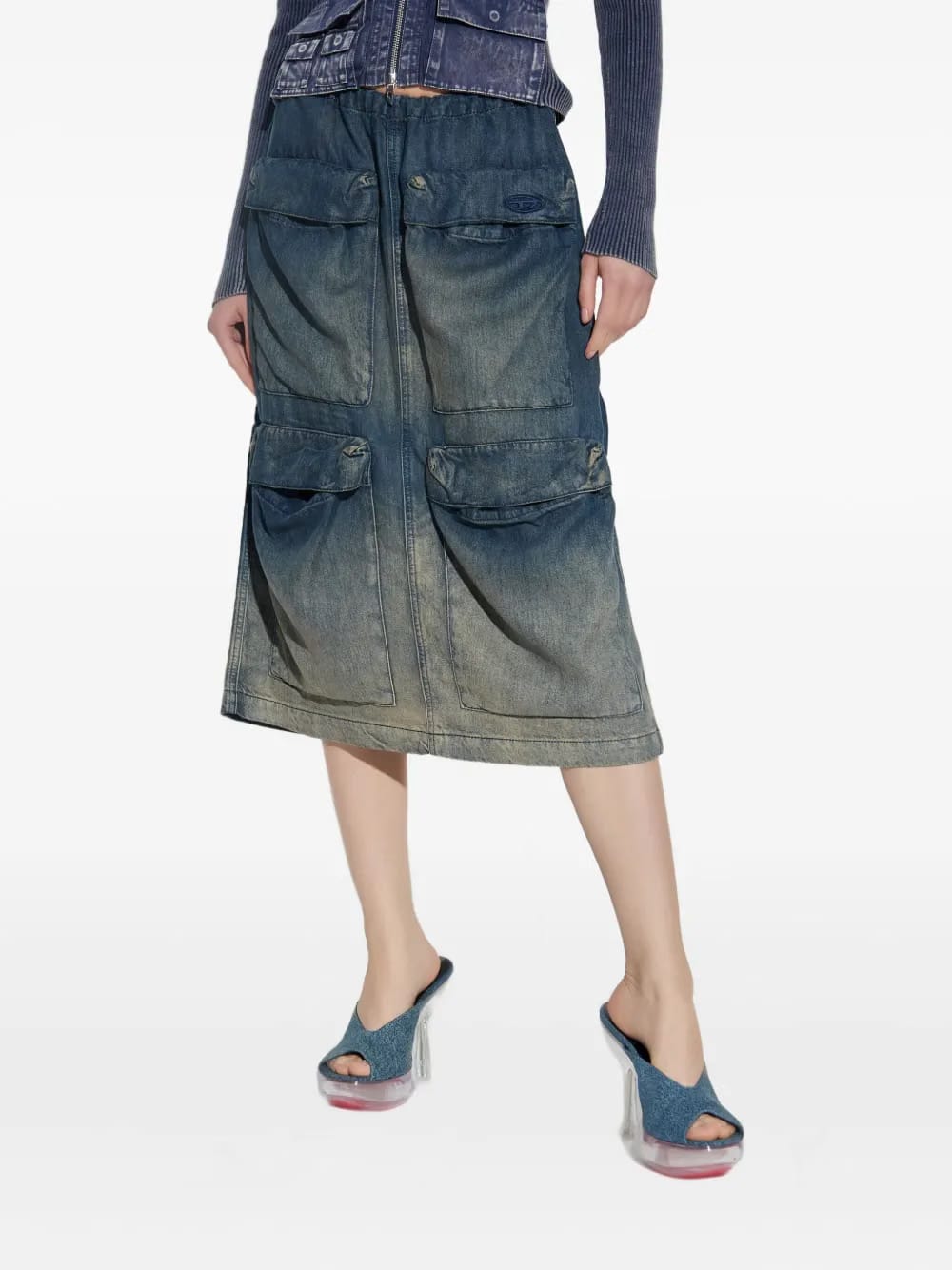 multi-pocket denim midi skirt