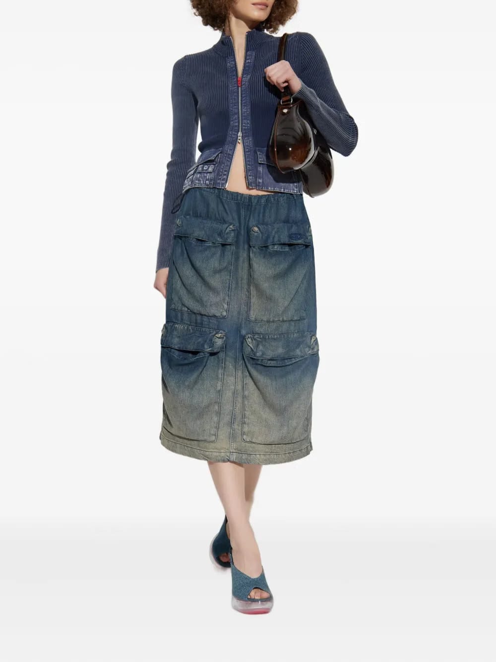 multi-pocket denim midi skirt