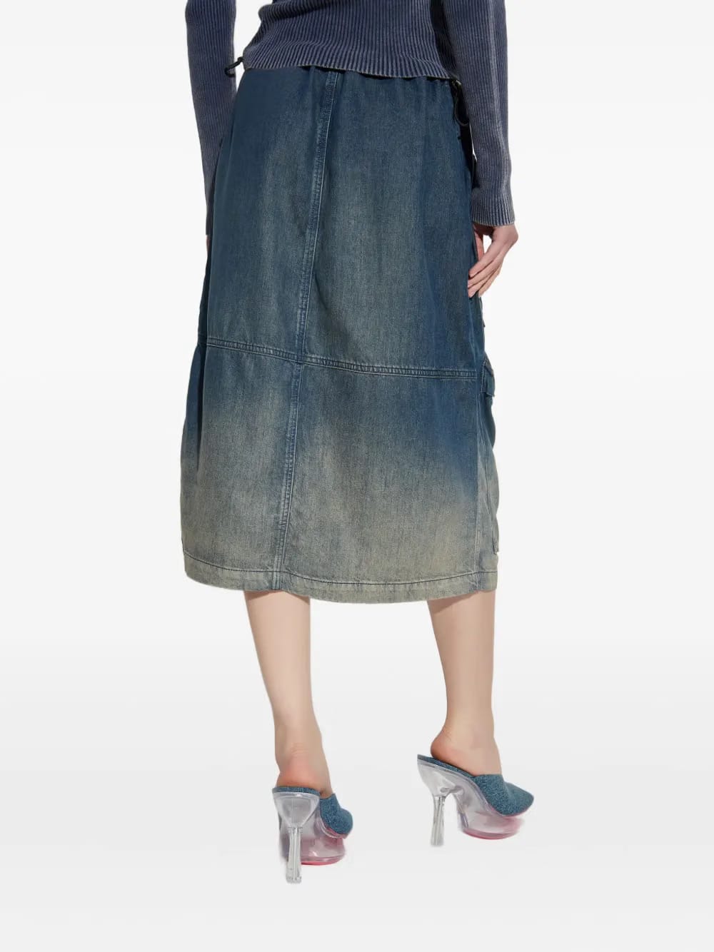 multi-pocket denim midi skirt