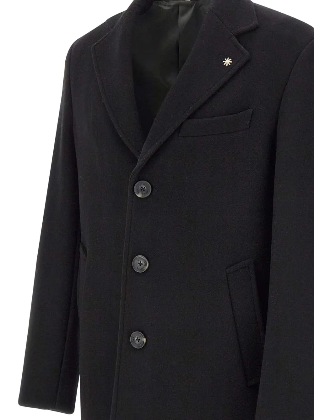 notched-lapel pin-detail coat