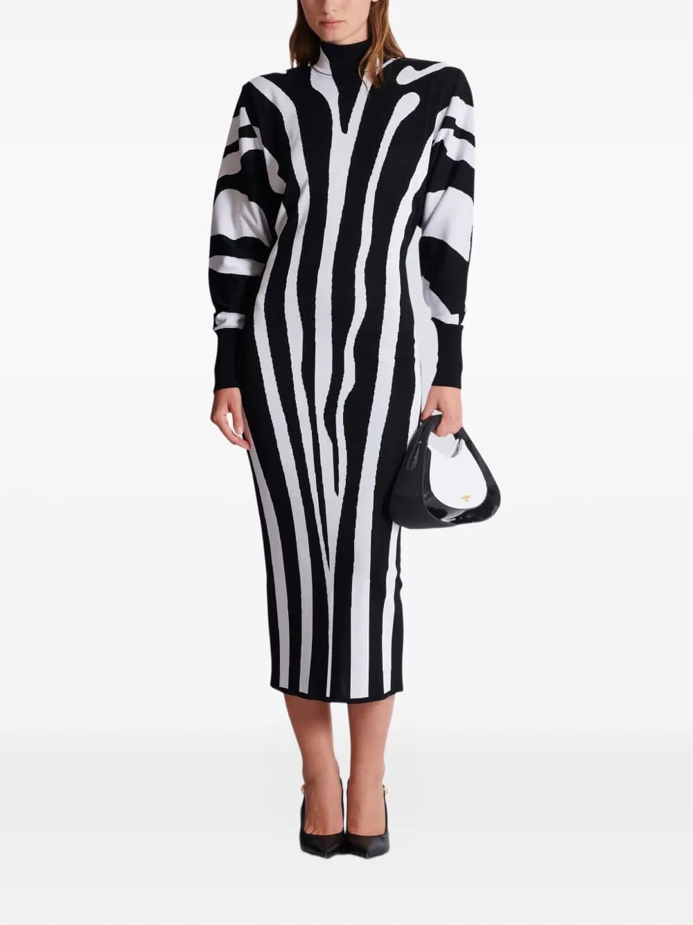 zebra-intarsia high-neck midi dress