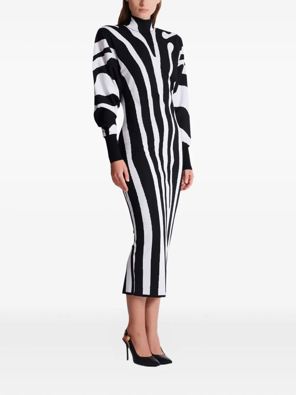 zebra-intarsia high-neck midi dress