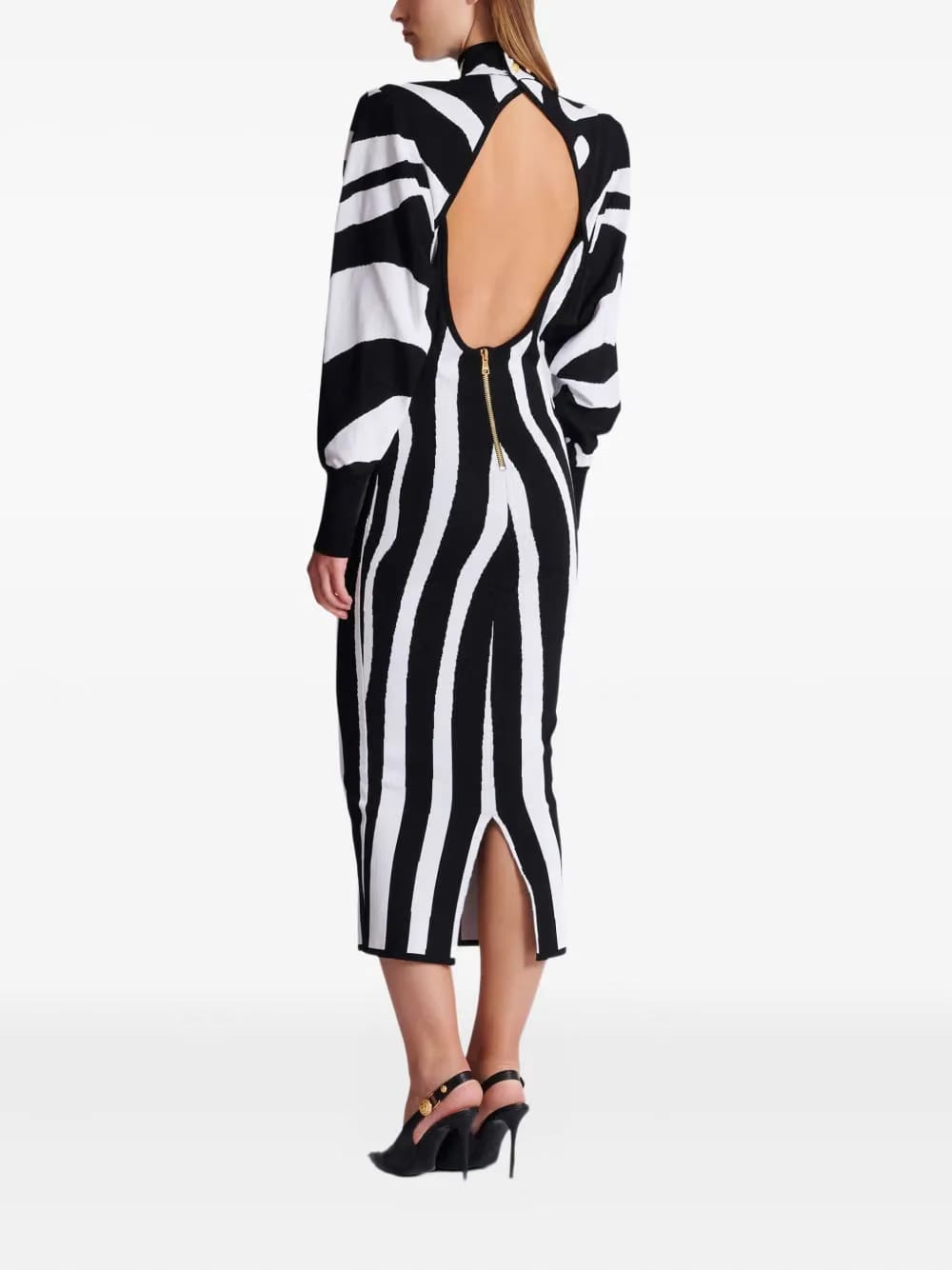 zebra-intarsia high-neck midi dress