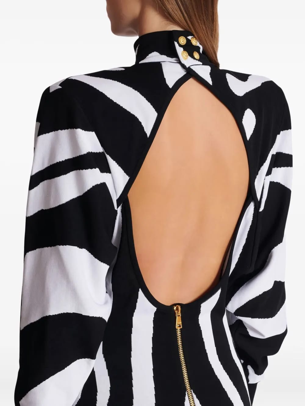 zebra-intarsia high-neck midi dress