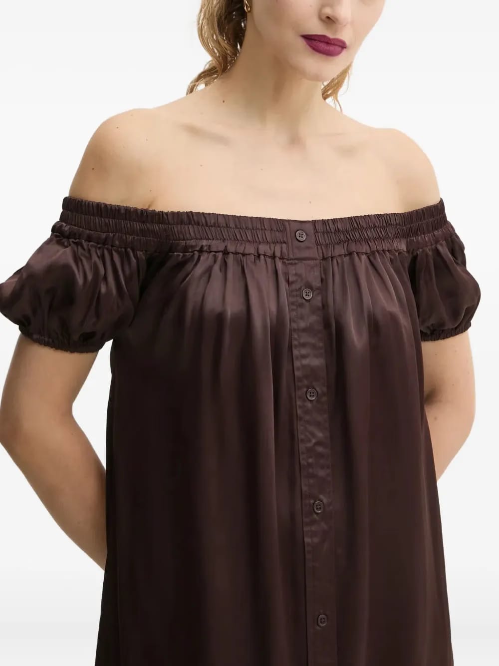 off-shoulder buttoned dress