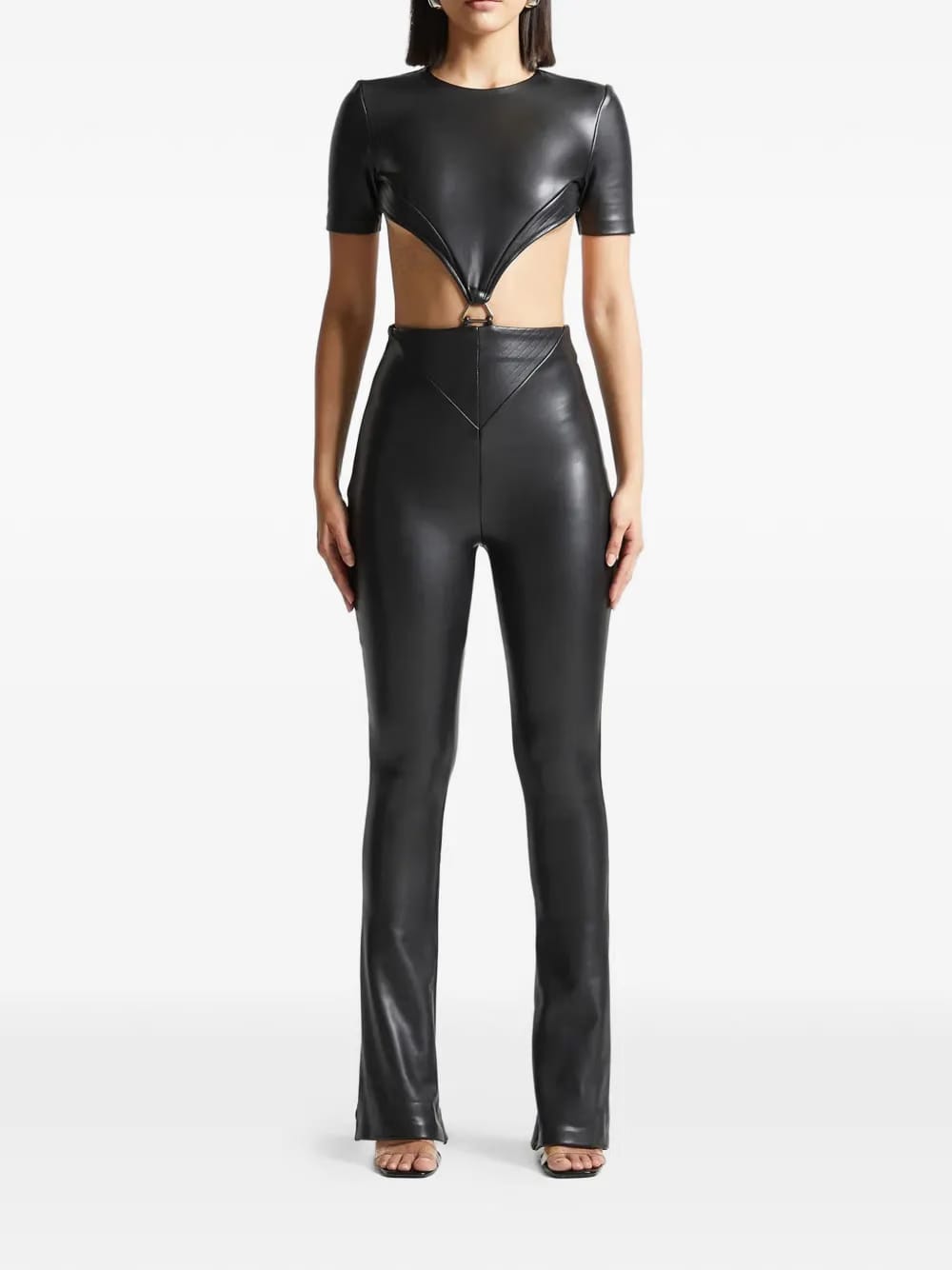 faux-leather black backless jumpsuit