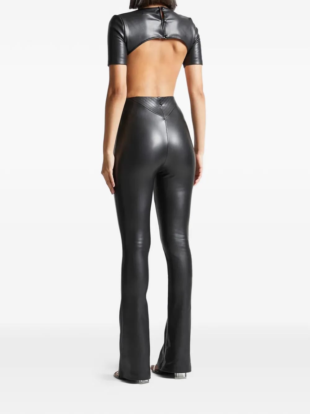 faux-leather black backless jumpsuit