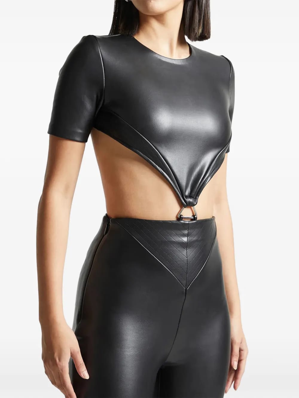 faux-leather black backless jumpsuit