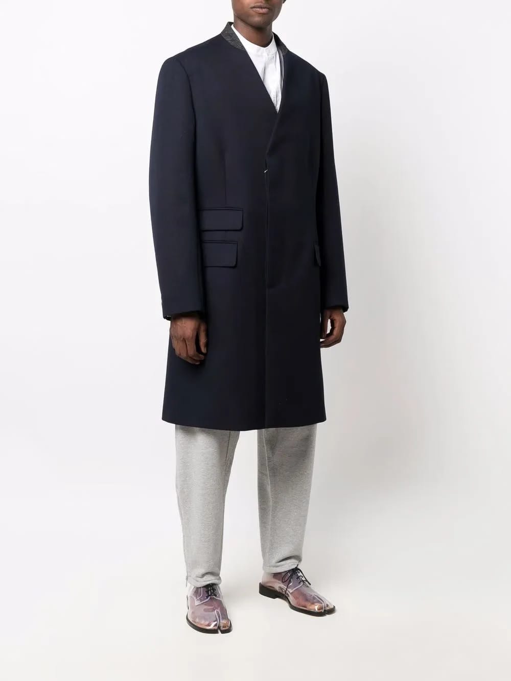 collarless mid-length coat