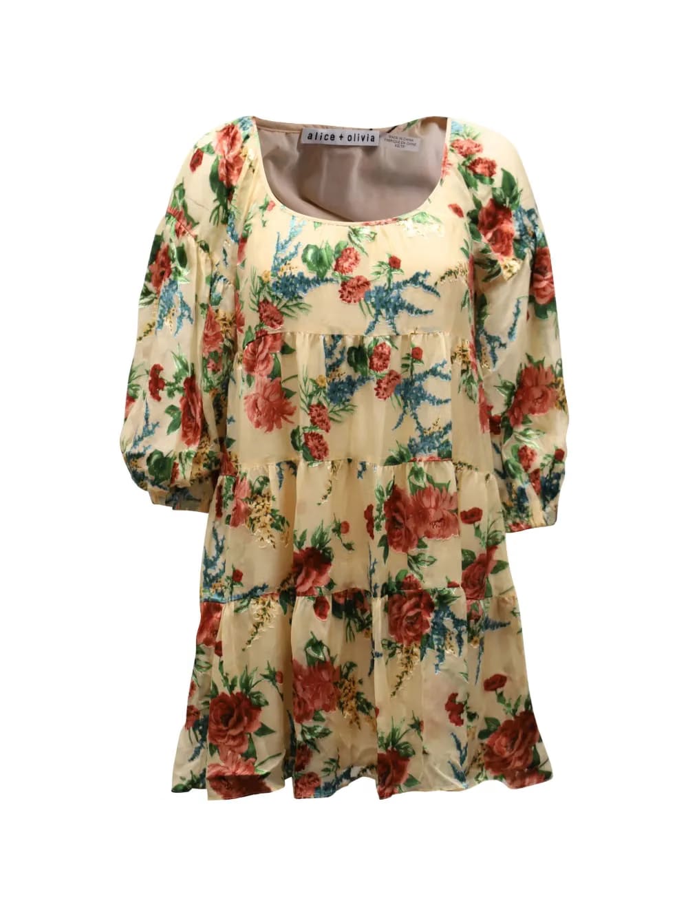 puff-sleeved floral-print dress