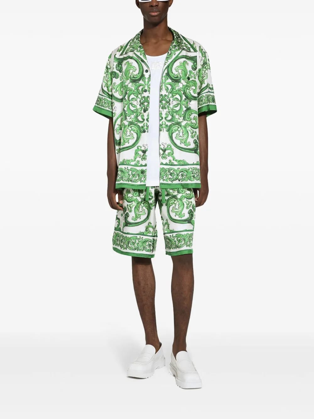 Majolica-print silk shorts