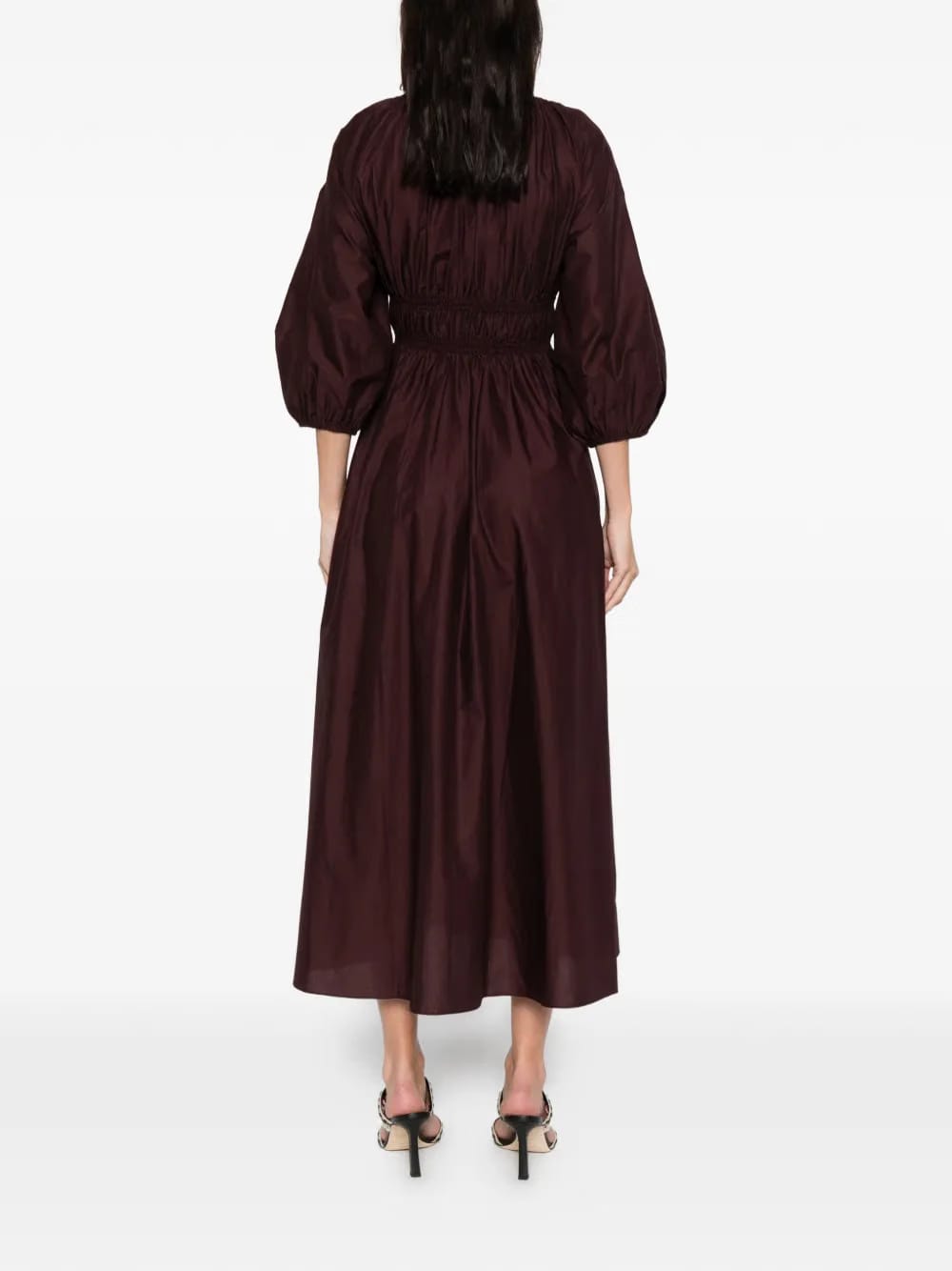 shirred plunge button midi dress