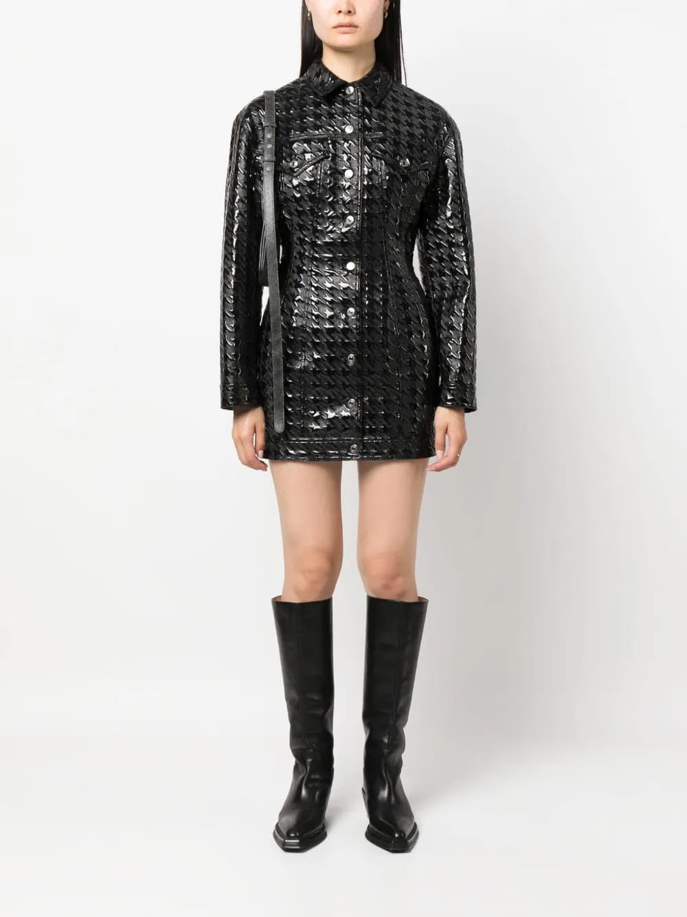 embossed-pattern faux-leather shirt jacket