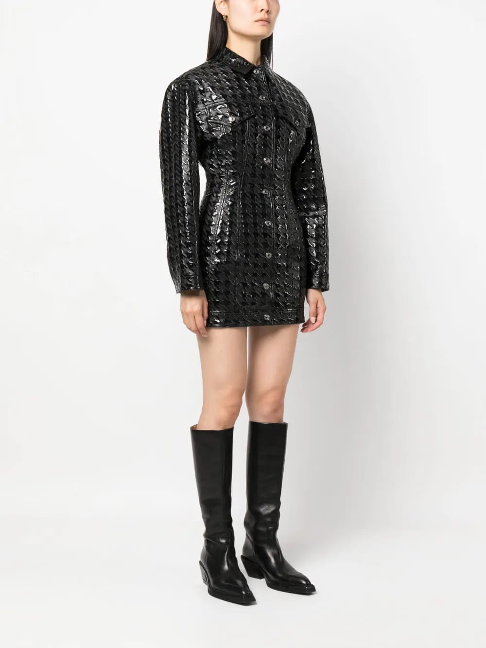 embossed-pattern faux-leather shirt jacket