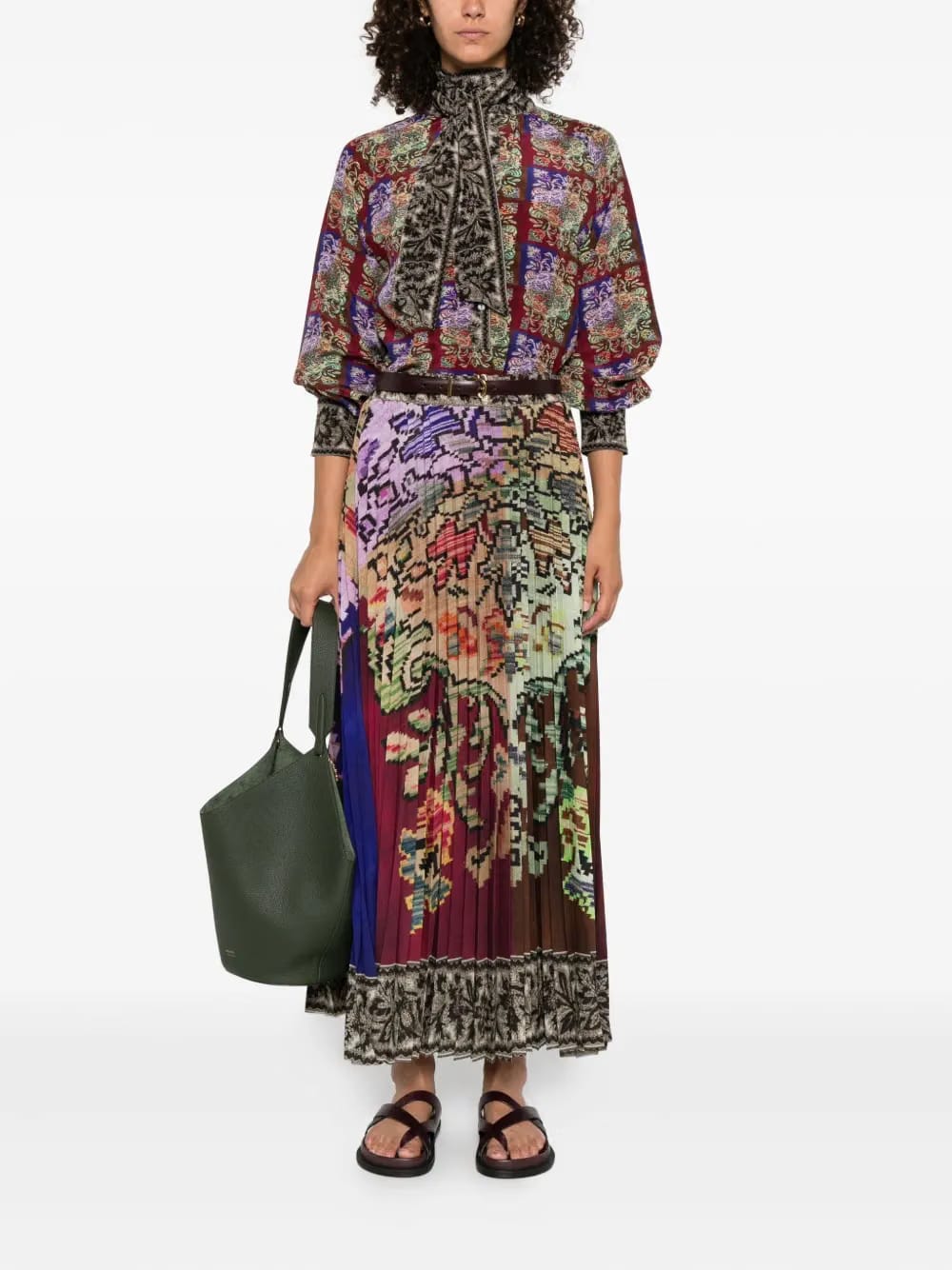 patterned tie-neck shirt