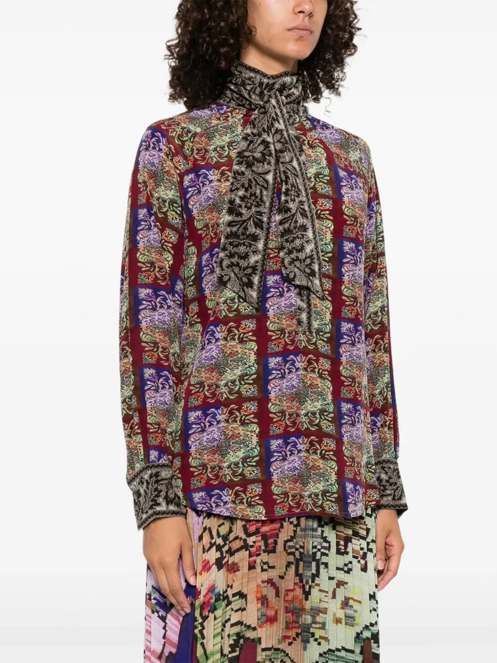 patterned tie-neck shirt