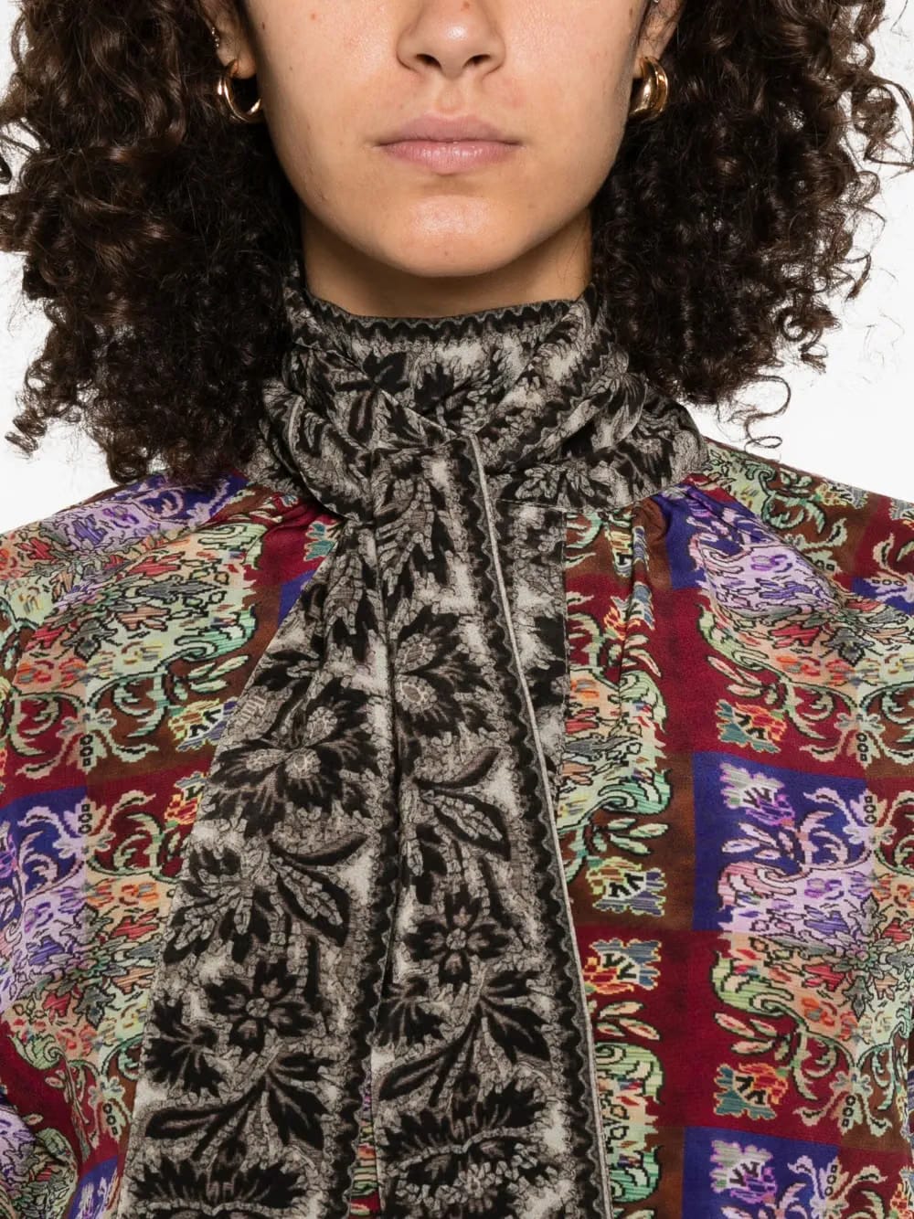 patterned tie-neck shirt