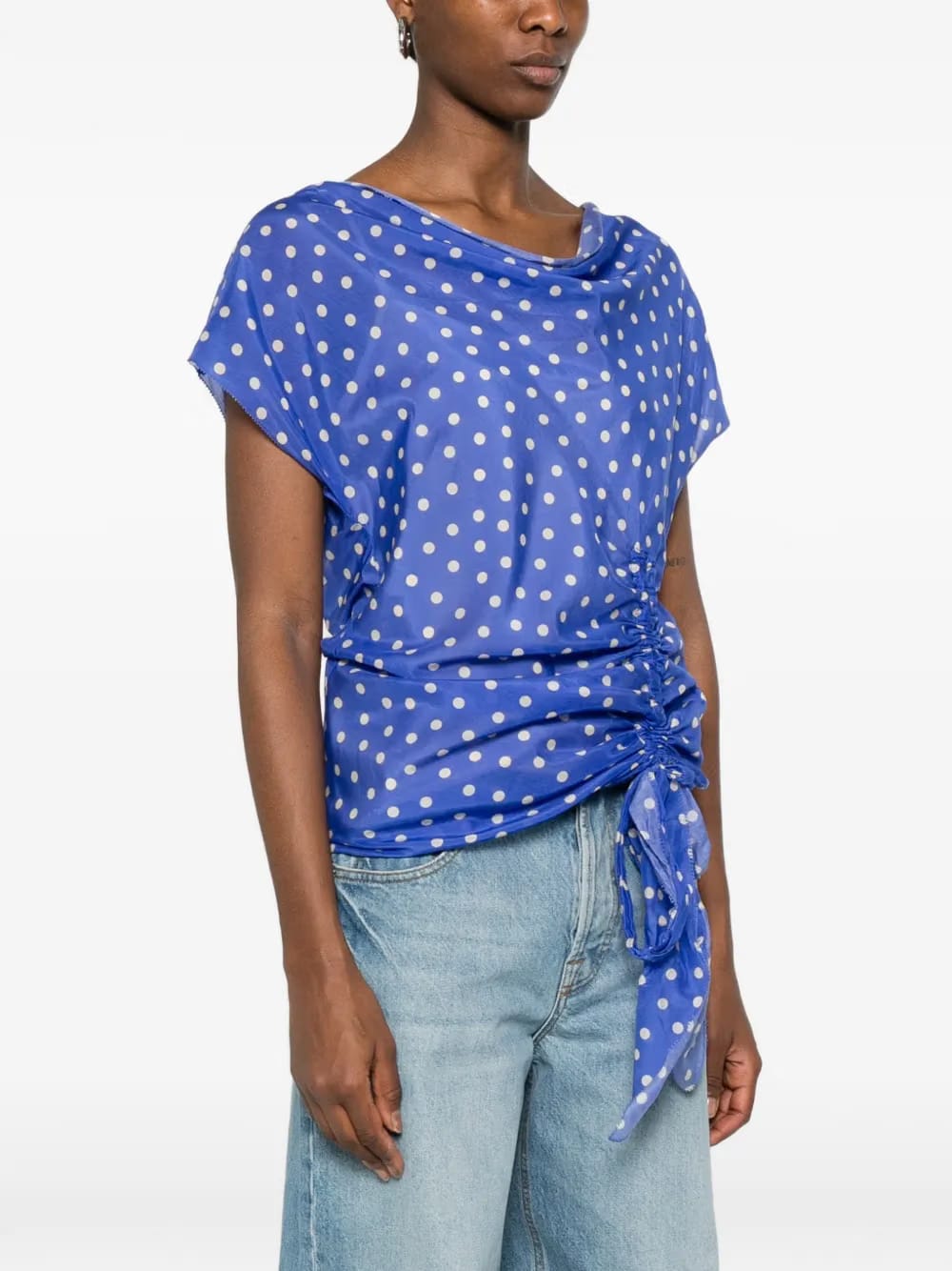 polka-dot gathered-detail blouse set