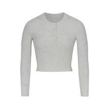 SKIMS COTTON RIB LONG SLEEVE CROP HENLEY LIGHT HEATHER GREY