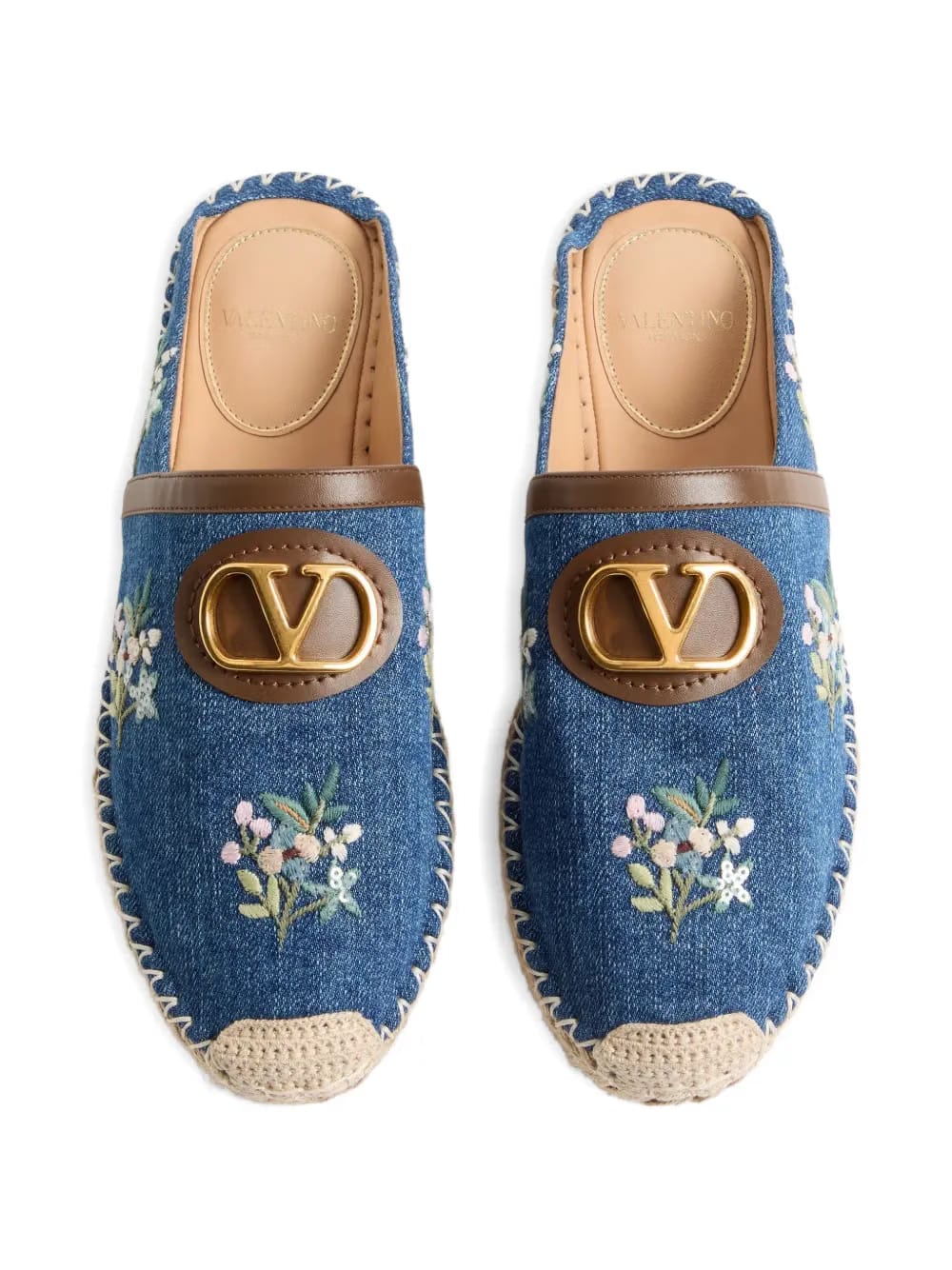 VLogo Signature mules in denim with floral embroidery 25mm