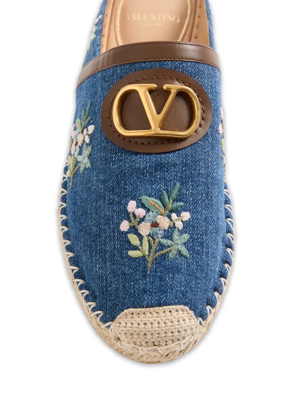 VLogo Signature mules in denim with floral embroidery 25mm