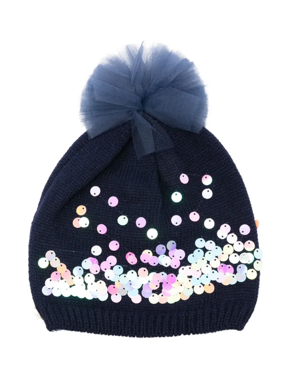 sequin-embellished tulle pompom beanie