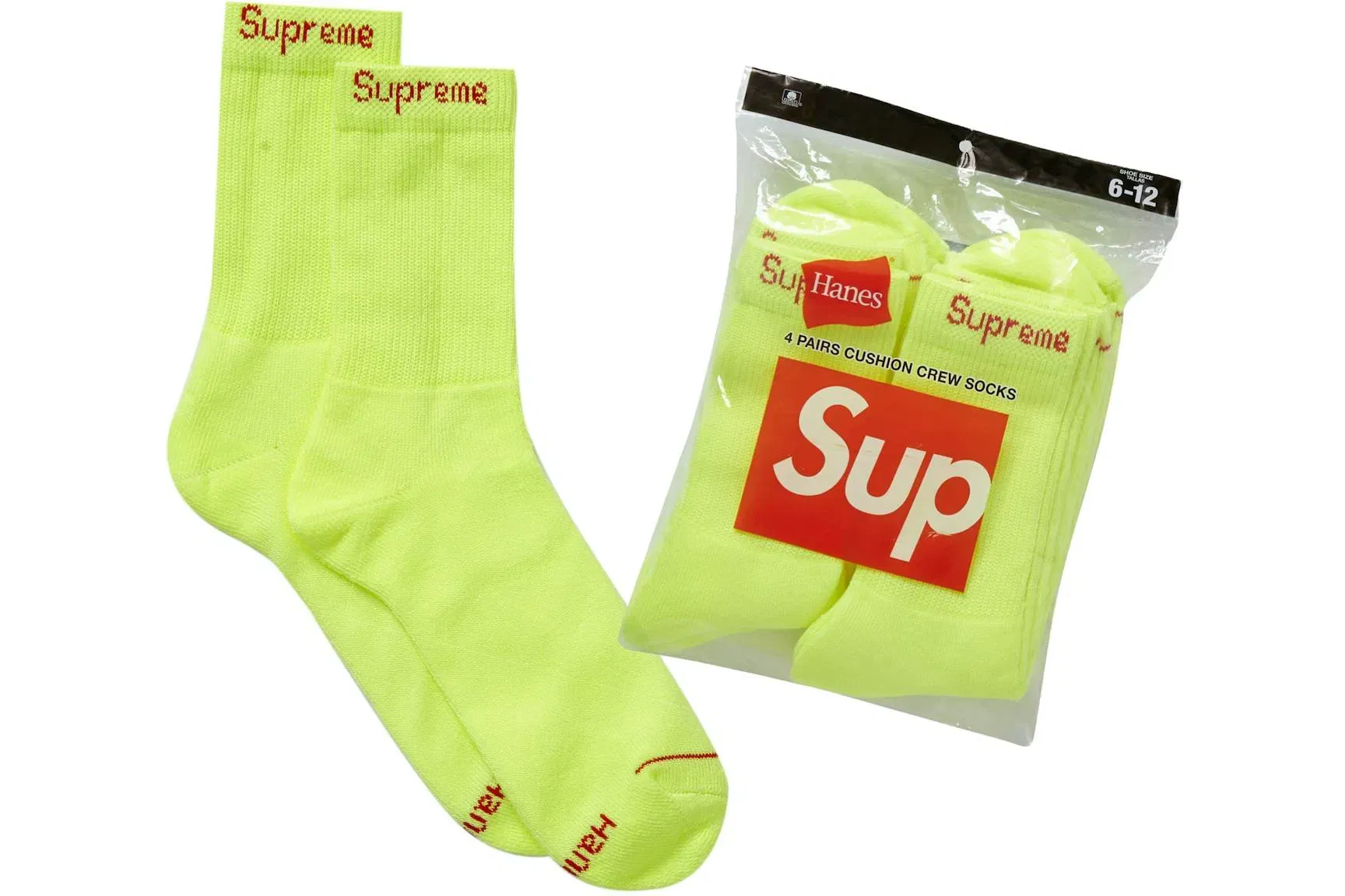 Supreme x Hanes Crew Socks (4 Pack) Fluorescent Yellow