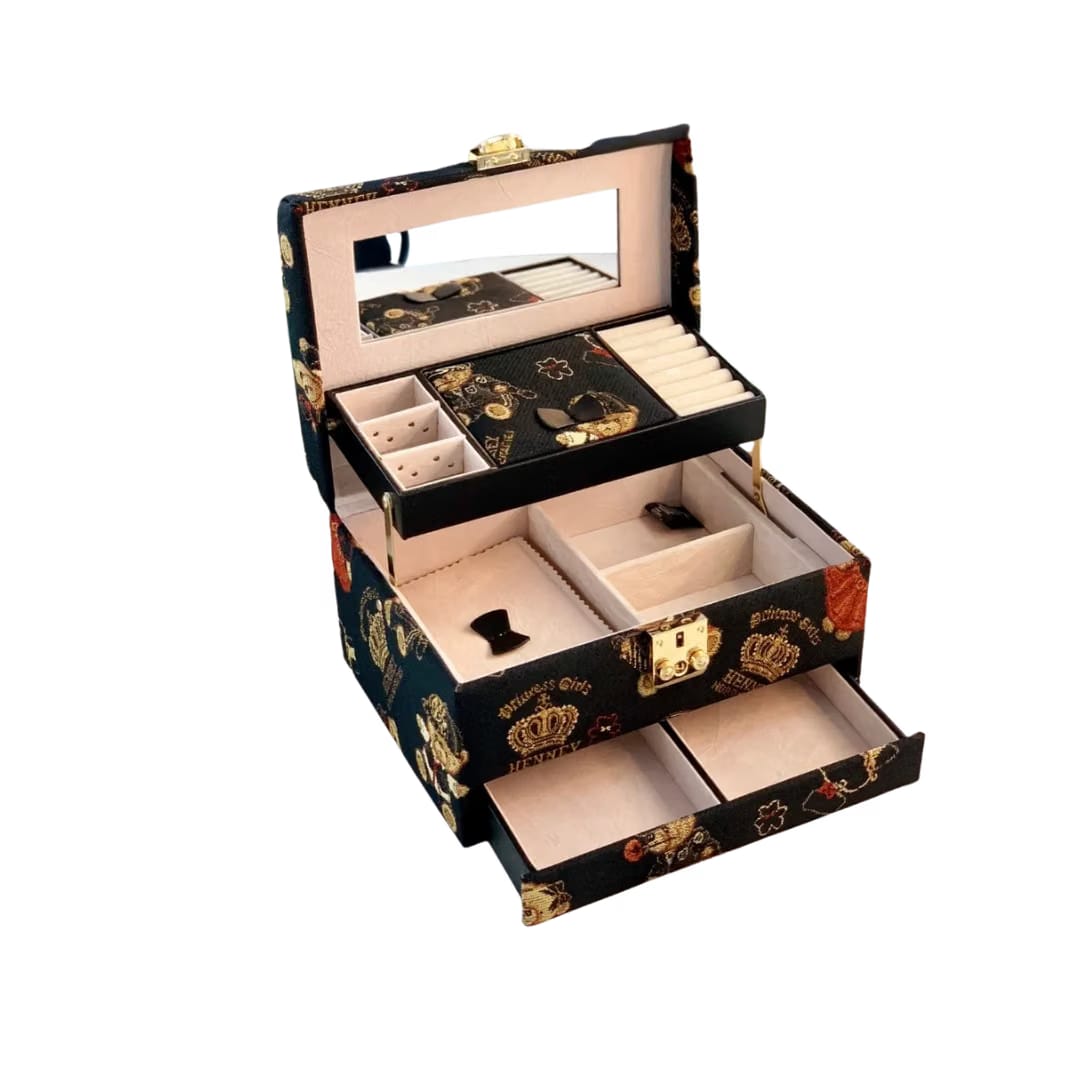 Crown Bear Jewellery Organiser – 3 Layers with Lock for Rings, Necklace And Earrings/Wedding Gift (H-235-VNT-CRB)