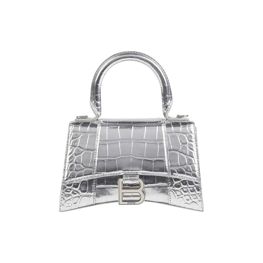 Balenciaga Crocodile Embossed XS Hourglass Handbag In Silver