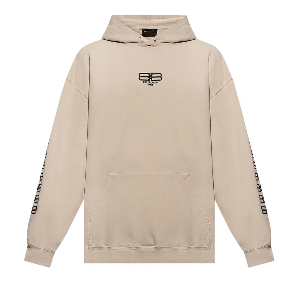 Balenciaga Embroidered Sleeve BB Logo Popover Hoodie Beige/Black