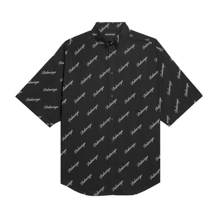 Balenciaga Allover Script Logo Button Down Shirt Black