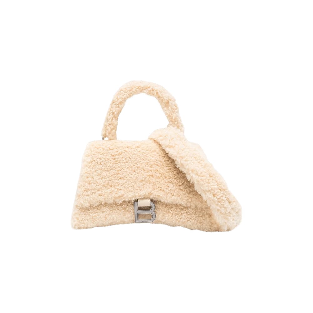 Balenciaga Small Hourglass Furry Top Handle Bag Beige