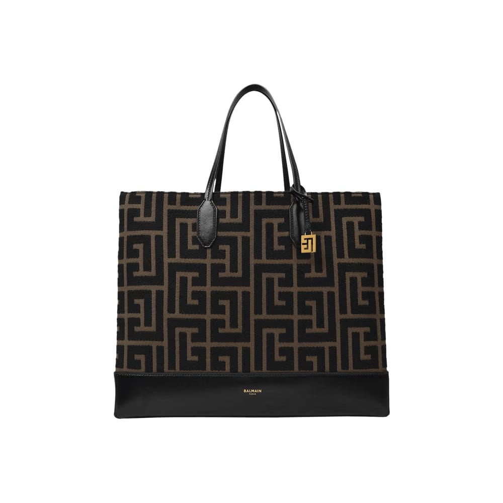 Balmain Monogram Jacquard Tote Kaki/Noir
