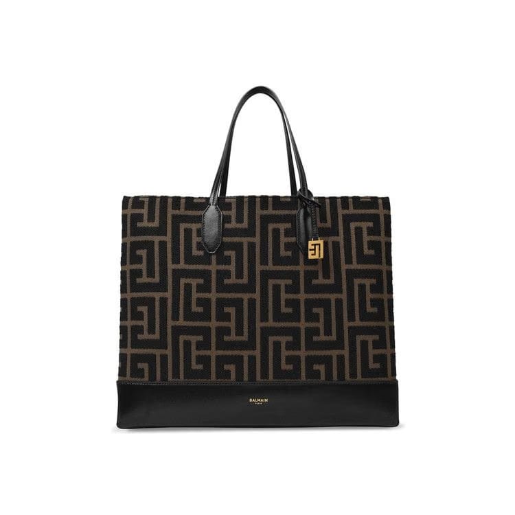 Balmain Monogram Jacquard Tote Kaki/Noir