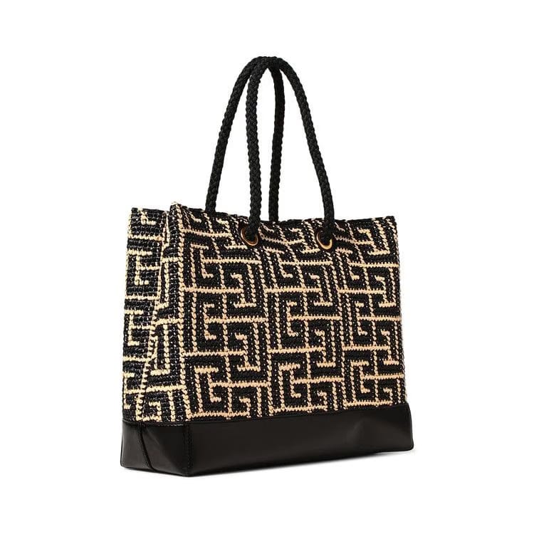 Balmain Monogram Raffia Woven Tote Bag Natural