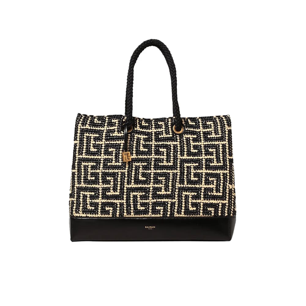 Balmain Monogram Raffia Woven Tote Bag Natural