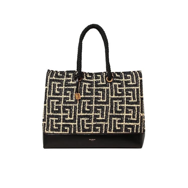 Balmain Monogram Raffia Woven Tote Bag Natural