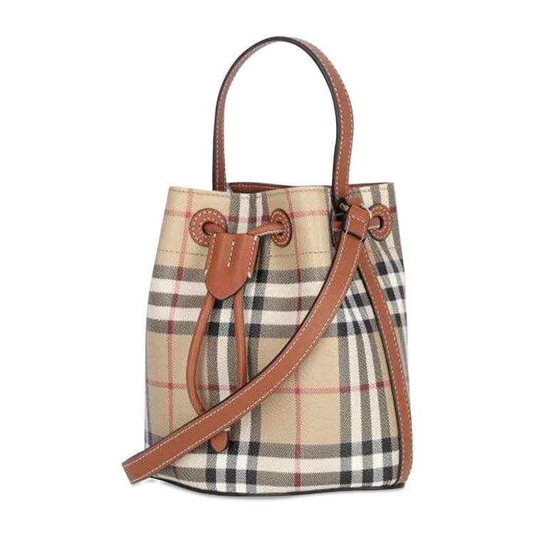 Burberry Mini Drawstring Bucket Vintage Check Bag Briar Brown
