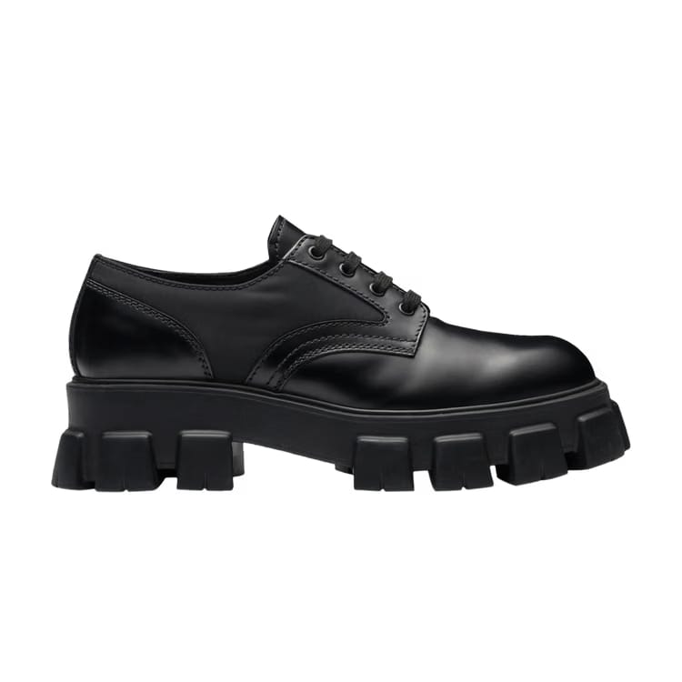 Prada Monolith Brushed Leather and Nylon Lace Up Black