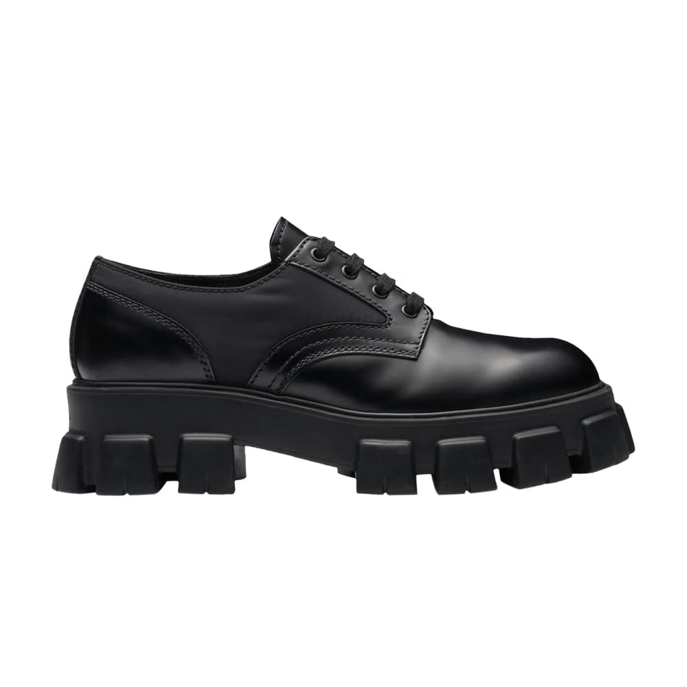 Prada Monolith Brushed Leather and Nylon Lace Up Black